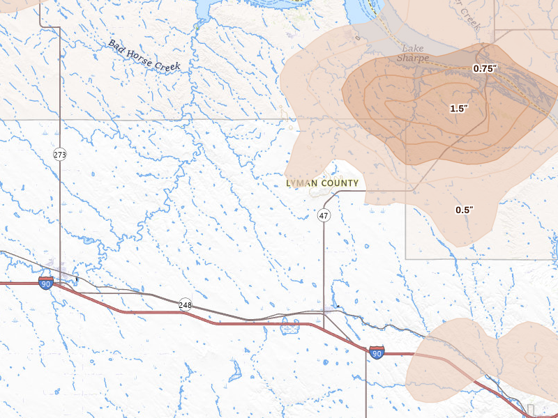 Radar-estimated hail-size map of the storm over Reliance, SD on Jul 2, 2026