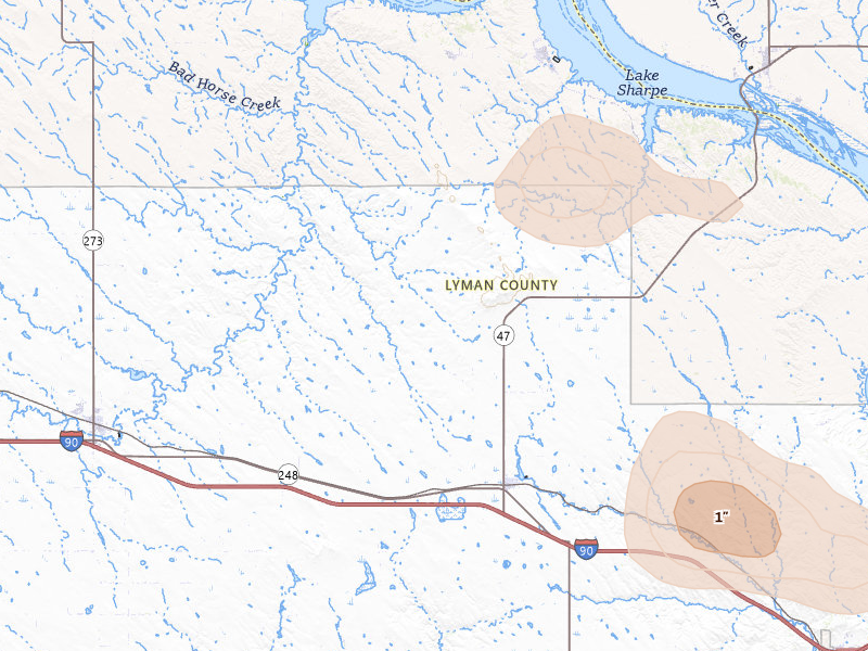 Radar-estimated hail-size map of the storm over Reliance, SD on Jul 6, 2026
