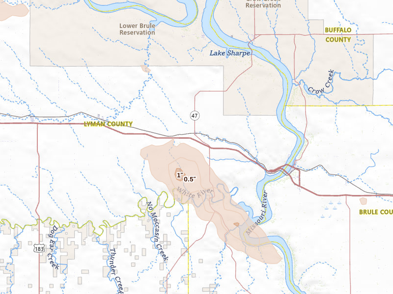 Radar-estimated hail-size map of the storm over Reliance, SD on Aug 17, 2026
