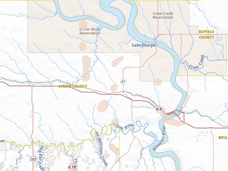 Radar-estimated hail-size map of the storm over Reliance, SD