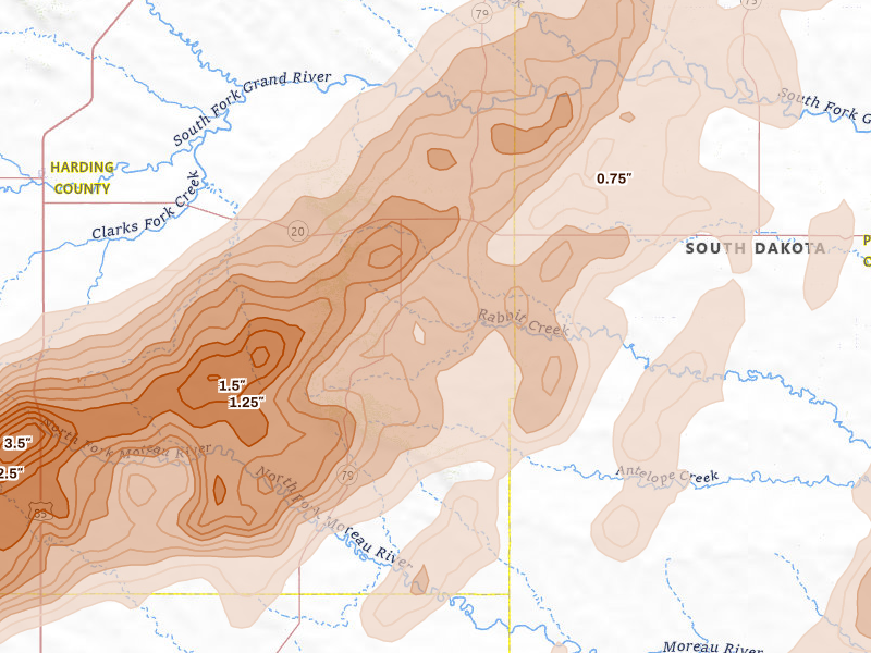 Radar-estimated hail-size map of the storm over Reva, SD on Jun 7, 2026