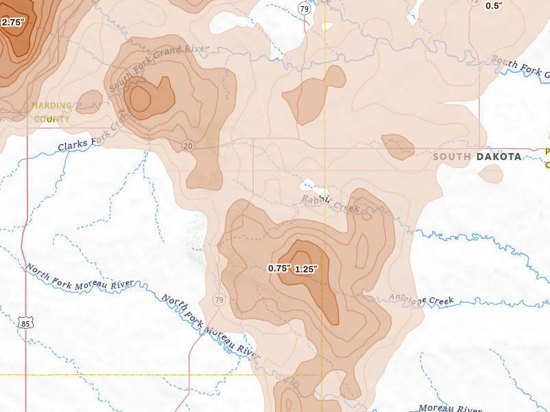 Radar-estimated hail-size map of the storm over Reva, SD on Jun 27, 2026