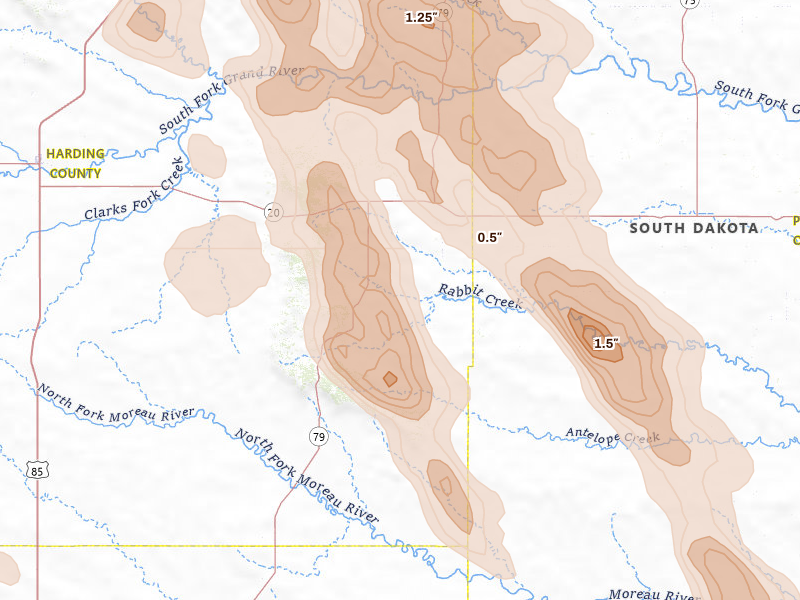 Radar-estimated hail-size map of the storm over Reva, SD on Aug 23, 2026