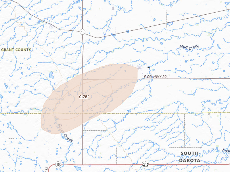 Radar-estimated hail-size map of the storm over Revillo, SD on Jun 4, 2026