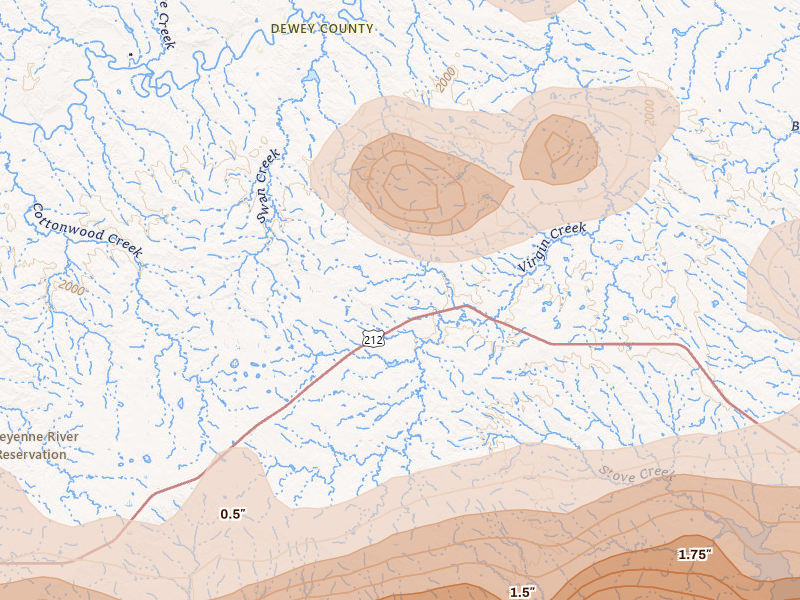Radar-estimated hail-size map of the storm over Ridgeview, SD on Aug 29, 2026