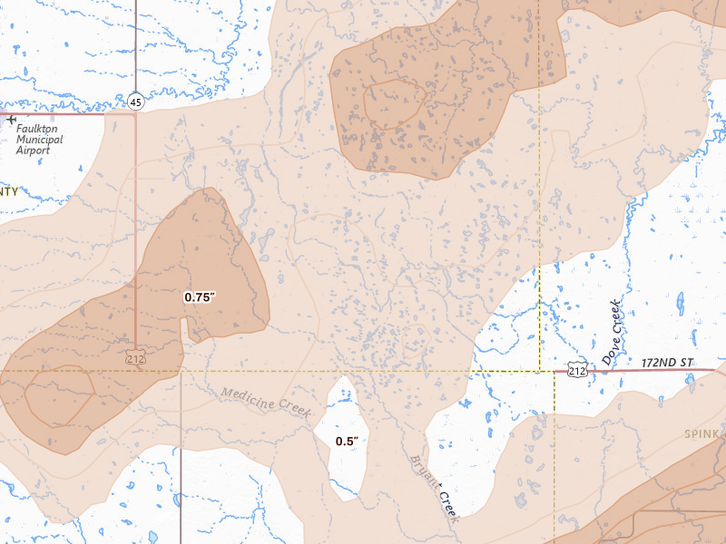 Radar-estimated hail-size map of the storm over Rockham, SD on Jun 29, 2026