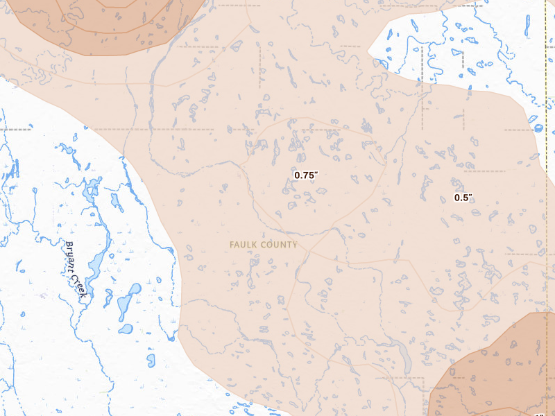 Radar-estimated hail-size map of the storm over Rockham, SD on Aug 8, 2026