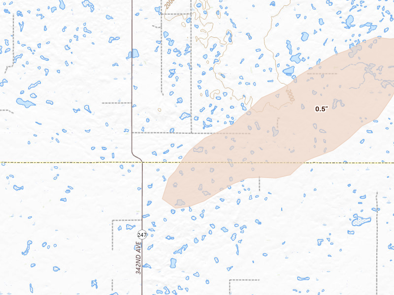 Radar-estimated hail-size map of the storm over Roscoe, SD on Apr 11, 2026