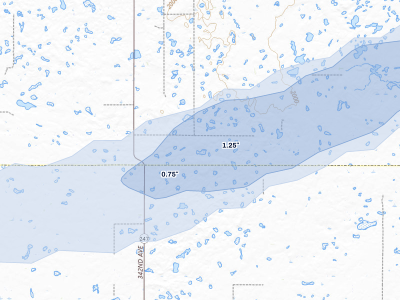 NEXRAD radar-signature map of the hail over Roscoe, SD