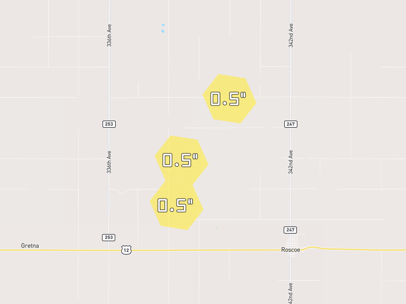 Hail map of Roscoe, SD on Jun 27, 2026, hail up to 0.5"