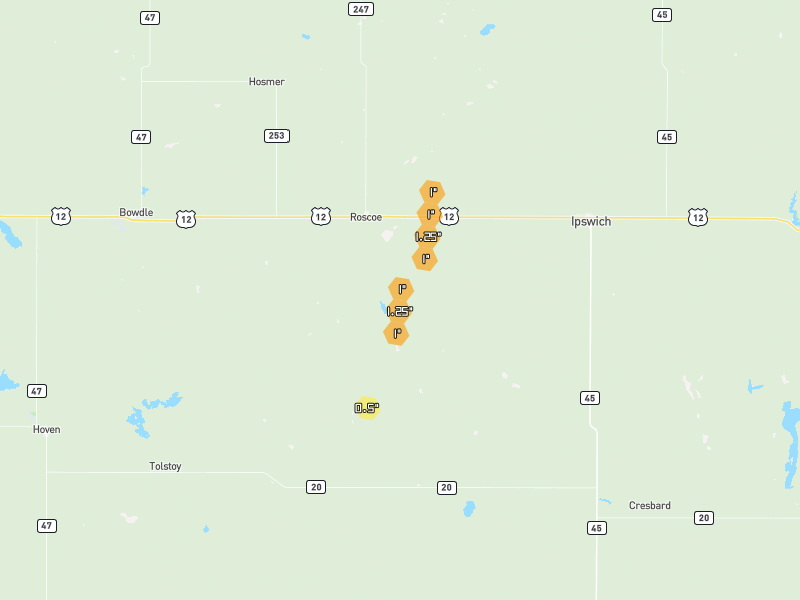 Hail map of Roscoe, SD on Jun 28, 2026, hail up to 1.25"