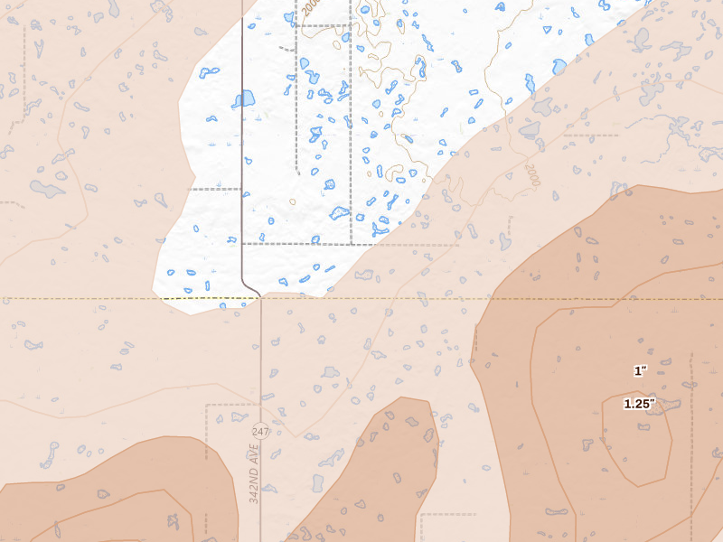 Radar-estimated hail-size map of the storm over Roscoe, SD on Jul 7, 2026