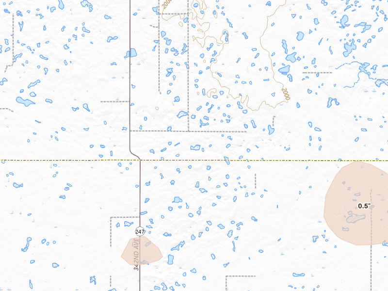 Radar-estimated hail-size map of the storm over Roscoe, SD on Jul 25, 2026