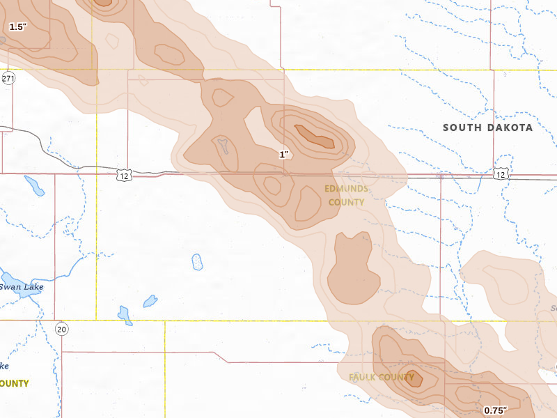Radar-estimated hail-size map of the storm over Roscoe, SD on Aug 8, 2026