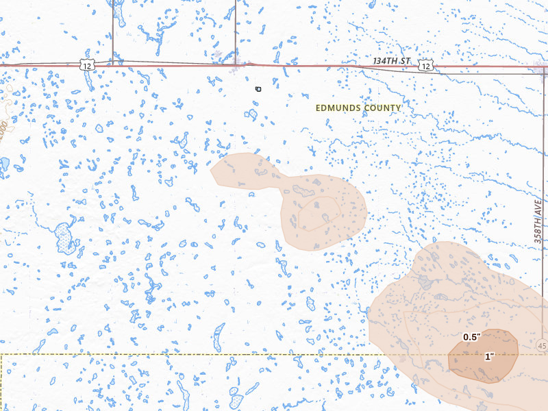 Radar-estimated hail-size map of the storm over Roscoe, SD