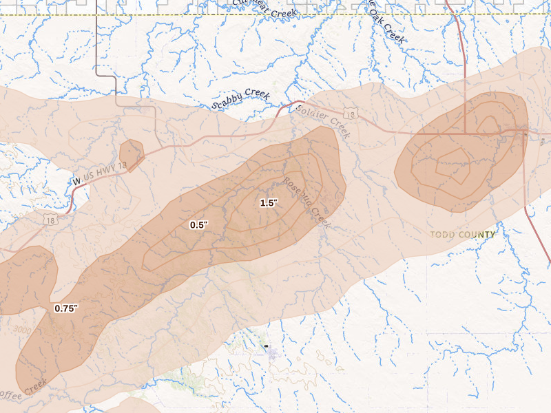 Radar-estimated hail-size map of the storm over Rosebud, SD on Jun 4, 2026