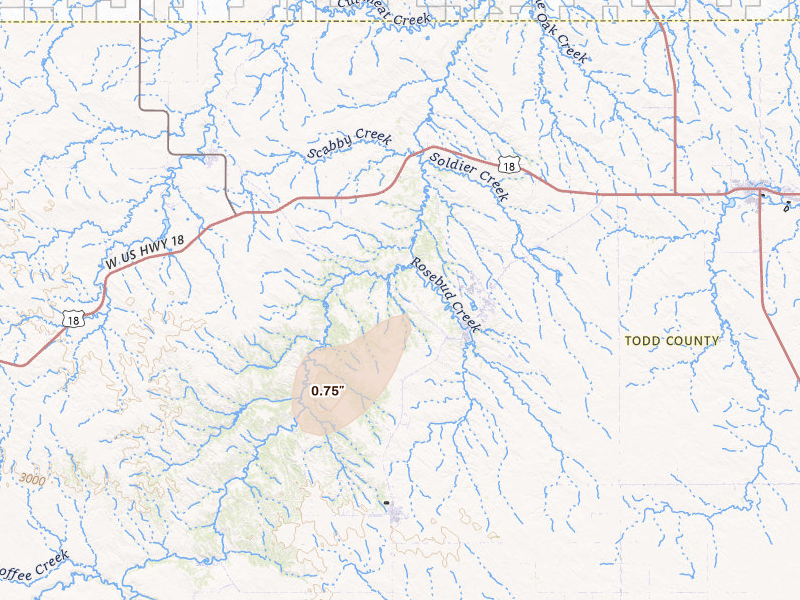 Radar-estimated hail-size map of the storm over Rosebud, SD on Jun 9, 2026