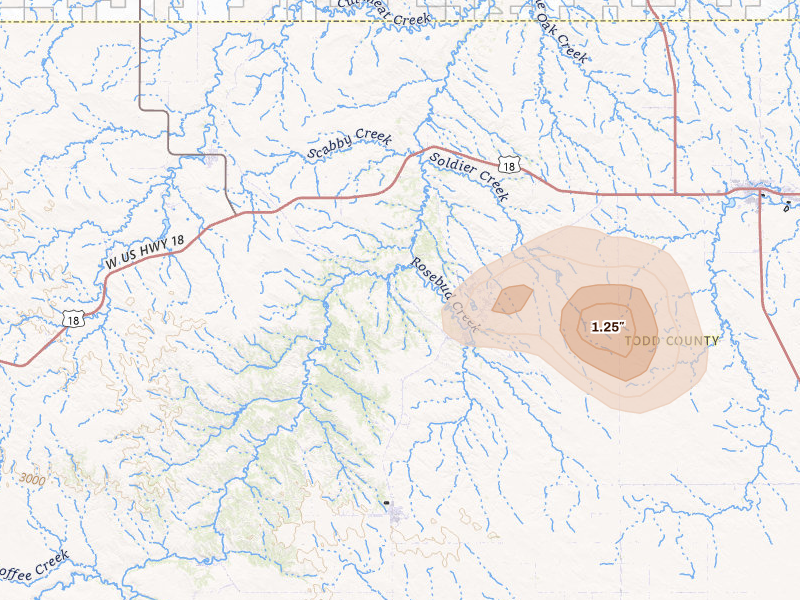 Radar-estimated hail-size map of the storm over Rosebud, SD on Jul 6, 2026