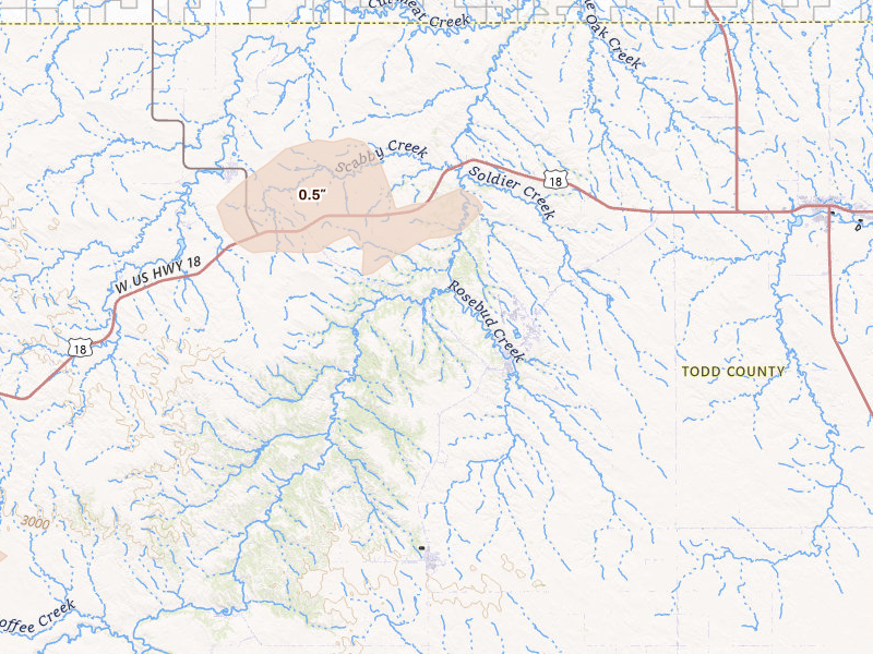 Radar-estimated hail-size map of the storm over Rosebud, SD on Jul 27, 2026