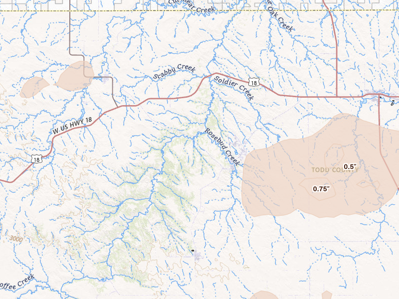 Radar-estimated hail-size map of the storm over Rosebud, SD on Jul 29, 2026