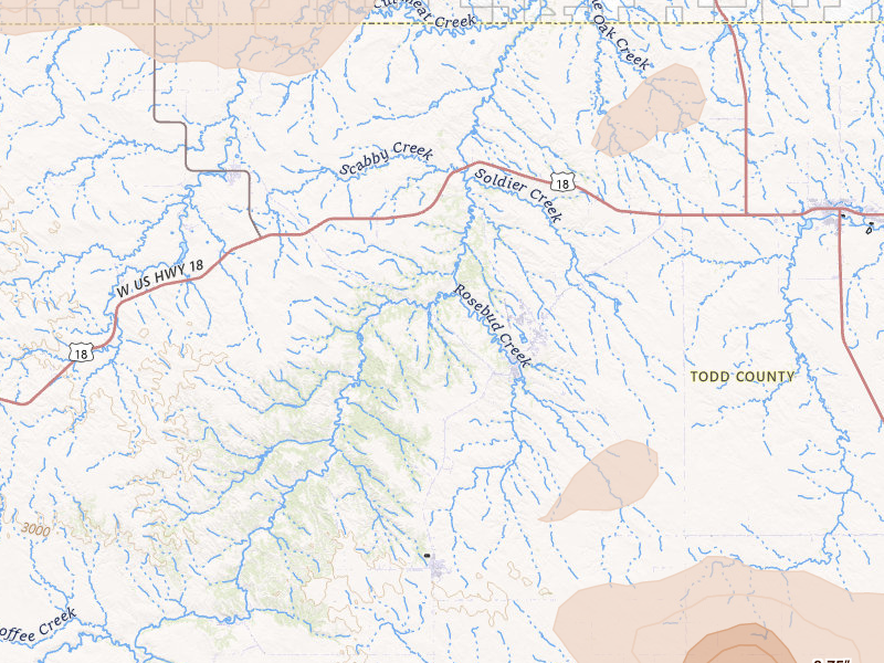 Radar-estimated hail-size map of the storm over Rosebud, SD on Jul 30, 2026
