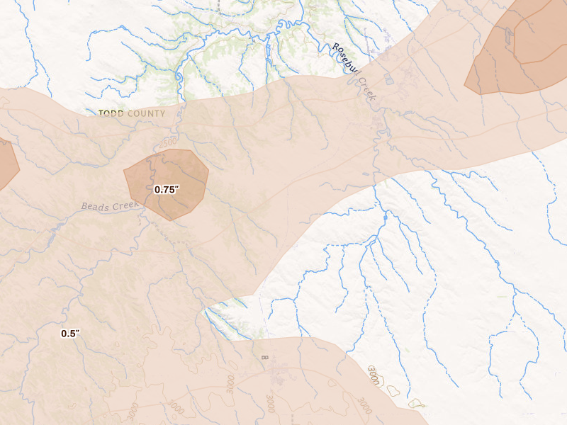 Radar-estimated hail-size map of the storm over Rosebud, SD on Aug 8, 2026