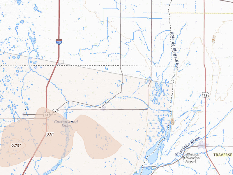 Radar-estimated hail-size map of the storm over Rosholt, SD on Jun 3, 2026