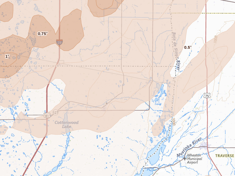 Radar-estimated hail-size map of the storm over Rosholt, SD on Jun 29, 2026