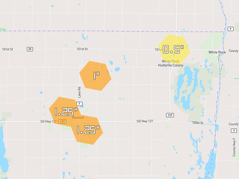 Hail map of Rosholt, SD on Jun 29, 2026, hail up to 1.25"