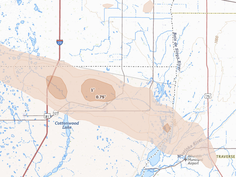 Radar-estimated hail-size map of the storm over Rosholt, SD on Jul 19, 2026