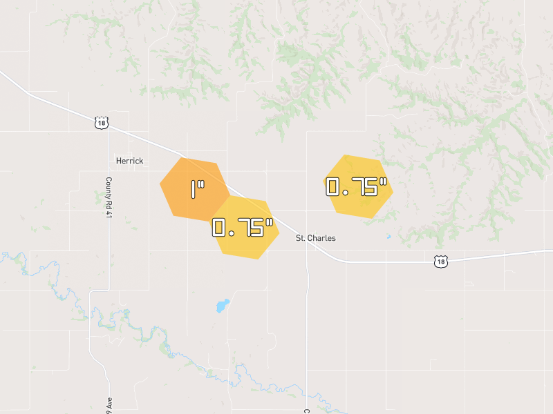 Hail map of Saint Charles, SD on Jul 3, 2026, hail up to 1"