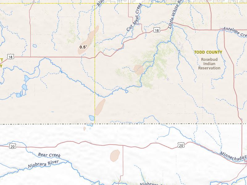Radar-estimated hail-size map of the storm over Saint Francis, SD on Apr 22, 2026