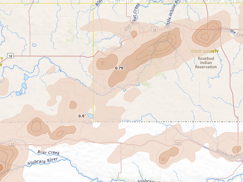 Radar-estimated hail-size map of the storm over Saint Francis, SD on Jun 4, 2026