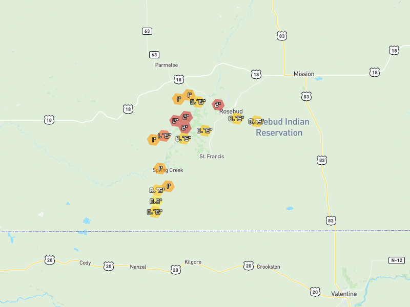 Hail map of Saint Francis, SD on Jun 5, 2026, hail up to 2"
