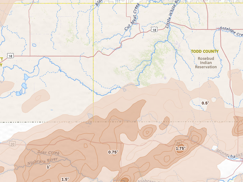 Radar-estimated hail-size map of the storm over Saint Francis, SD on Jun 27, 2026