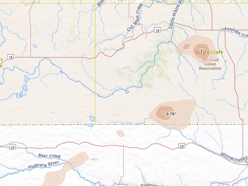 Radar-estimated hail-size map of the storm over Saint Francis, SD on Jul 6, 2026