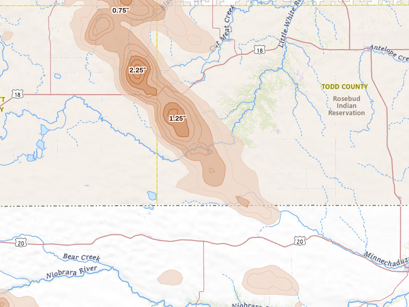 Radar-estimated hail-size map of the storm over Saint Francis, SD on Jul 9, 2026