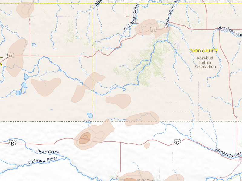 Radar-estimated hail-size map of the storm over Saint Francis, SD on Jul 27, 2026
