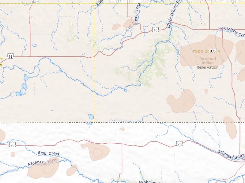 Radar-estimated hail-size map of the storm over Saint Francis, SD on Jul 29, 2026