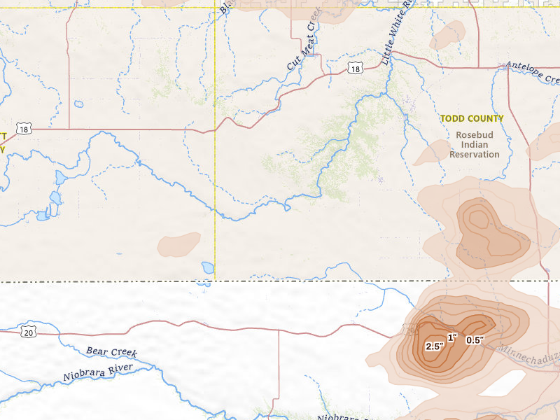 Radar-estimated hail-size map of the storm over Saint Francis, SD on Jul 30, 2026