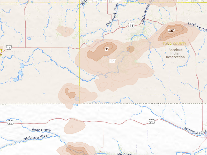 Radar-estimated hail-size map of the storm over Saint Francis, SD on Aug 8, 2026