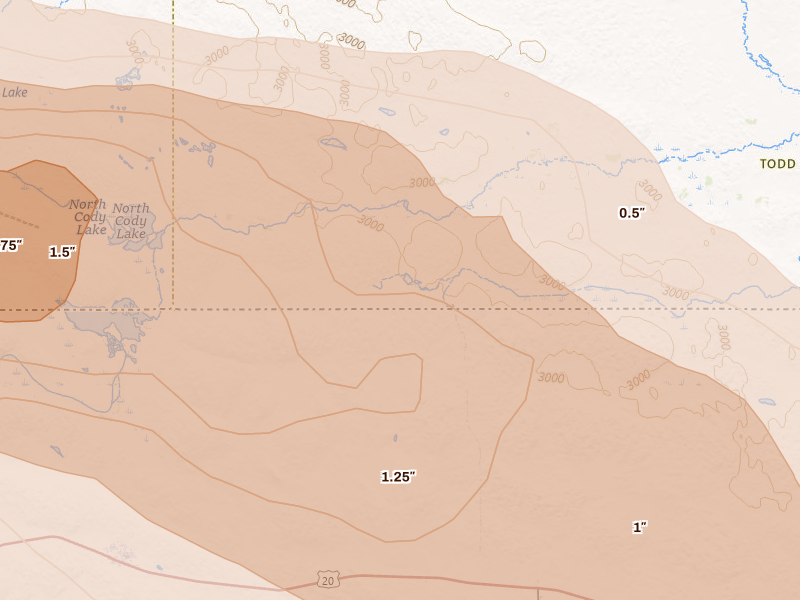 Radar-estimated hail-size map of the storm over Saint Francis, SD on Aug 11, 2026