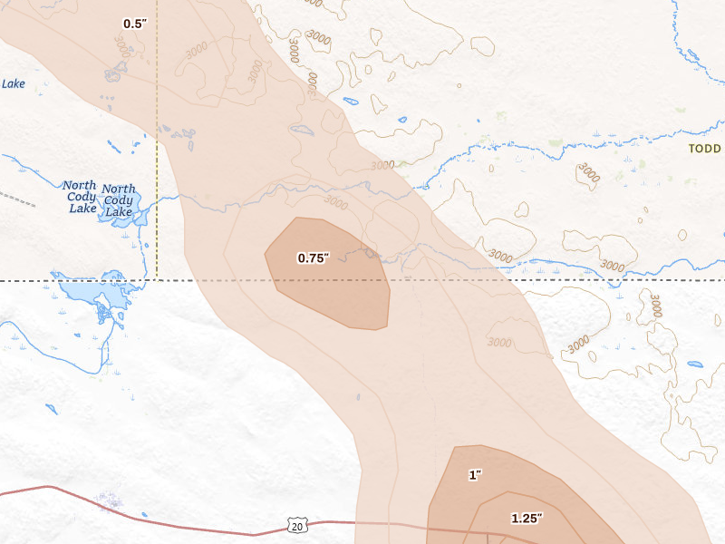 Radar-estimated hail-size map of the storm over Saint Francis, SD on Aug 16, 2026