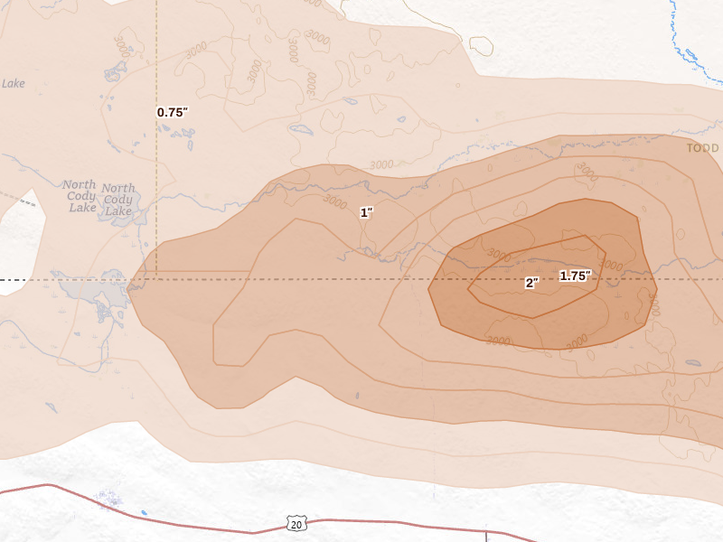 Radar-estimated hail-size map of the storm over Saint Francis, SD on Aug 17, 2026
