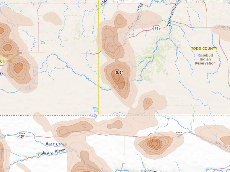 Radar-estimated hail-size map of the storm over Saint Francis, SD on Aug 27, 2026