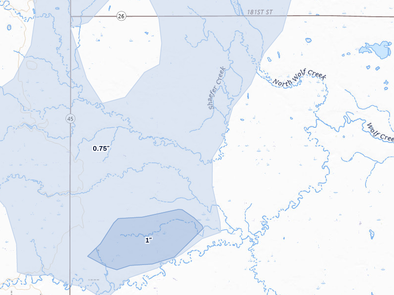 NEXRAD radar-signature map of the hail storm over Saint Lawrence, SD on Apr 22, 2026