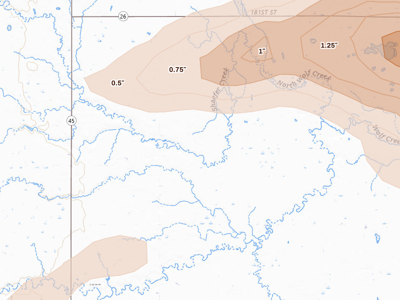 Radar-estimated hail-size map of the storm over Saint Lawrence, SD on Jun 4, 2026