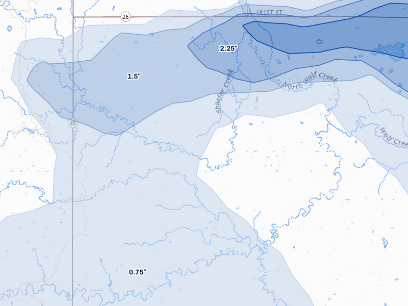 NEXRAD radar-signature map of the hail over Saint Lawrence, SD