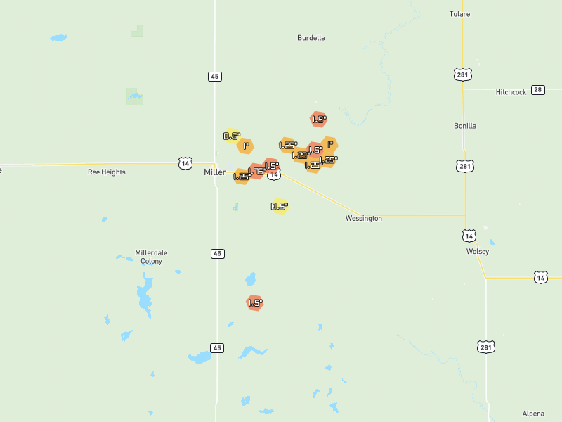 Hail map of Saint Lawrence, SD on Jun 4, 2026, hail up to 1.75"