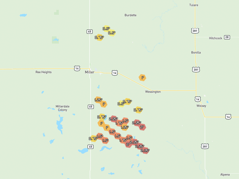 Hail map of Saint Lawrence, SD on Jun 5, 2026, hail up to 2.25"